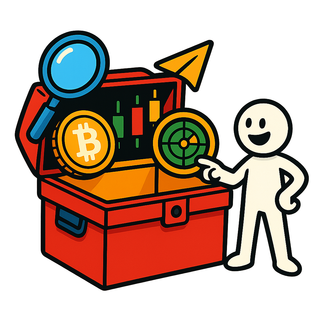 Top Crypto Tools for Degens – Solana Edition A happy stick figure stands next to a toolbox filled with crypto icons like Bitcoin and Solana charts, magnifying glasses, and tokens — representing essential tools like Phantom, Jupiter, Moonshot, Solscan, Birdeye, and more. A visual hub for Web3 traders